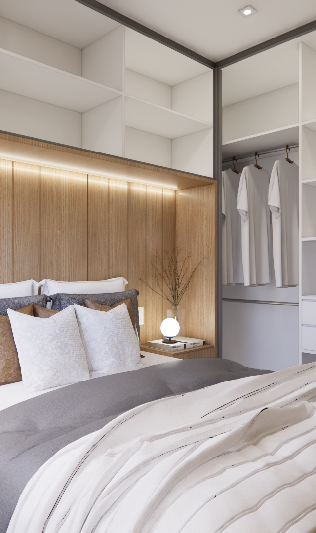 Render 3D de quarto no Vivaz Prime Alto do Ipiranga com marcenaria em madeira clara, nichos brancos e luz indireta