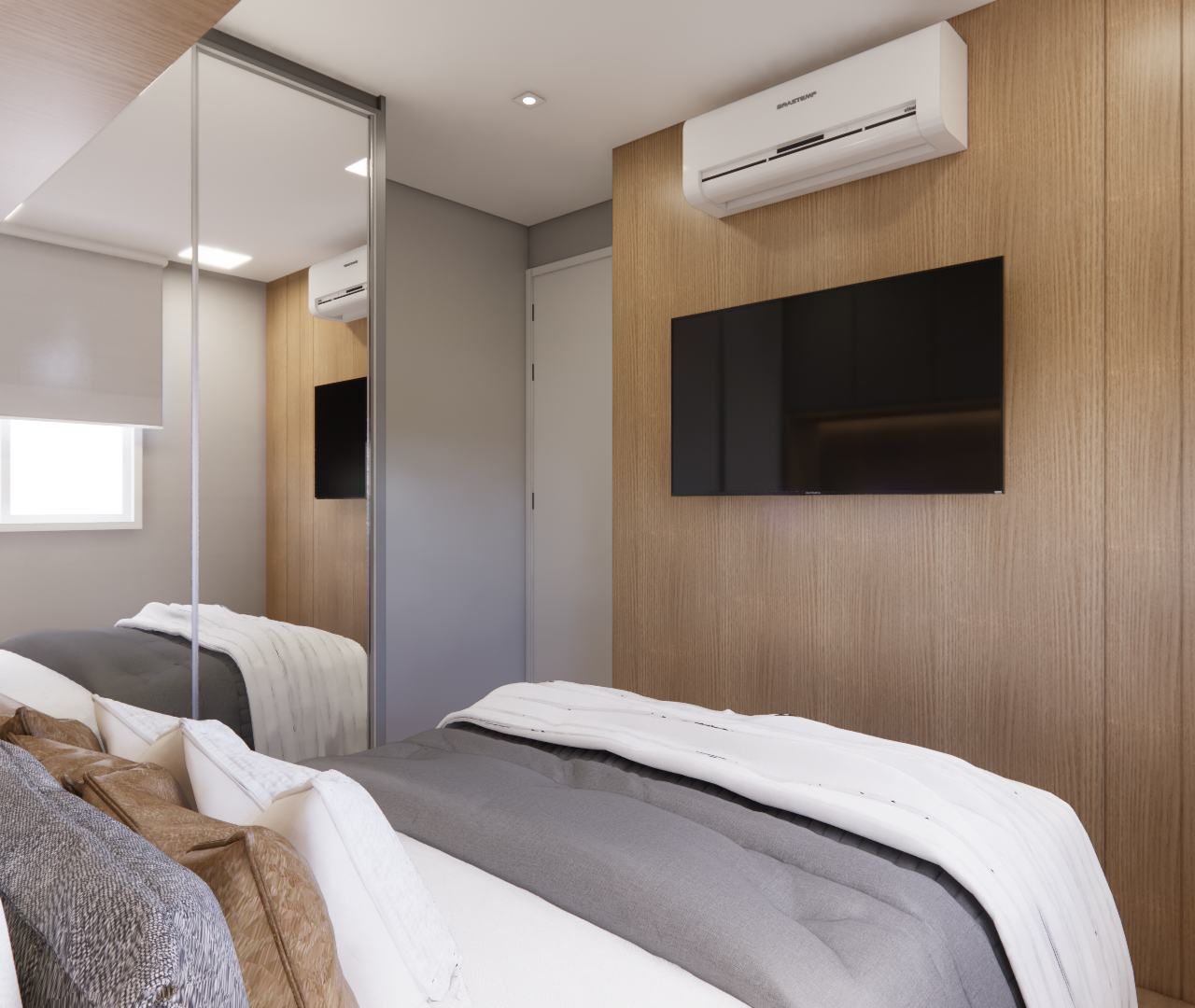 Render 3D de quarto com painel de madeira, TV, ar-condicionado, armário espelhado e cama com enxoval cinza e tons terrosos