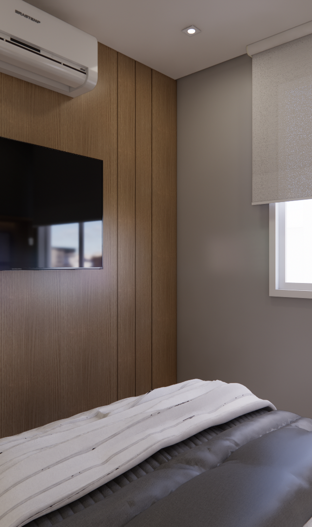 Render 3D de quarto com painel amadeirado, TV fixada, ar-condicionado, parede cinza, janela com persiana e cama cinza