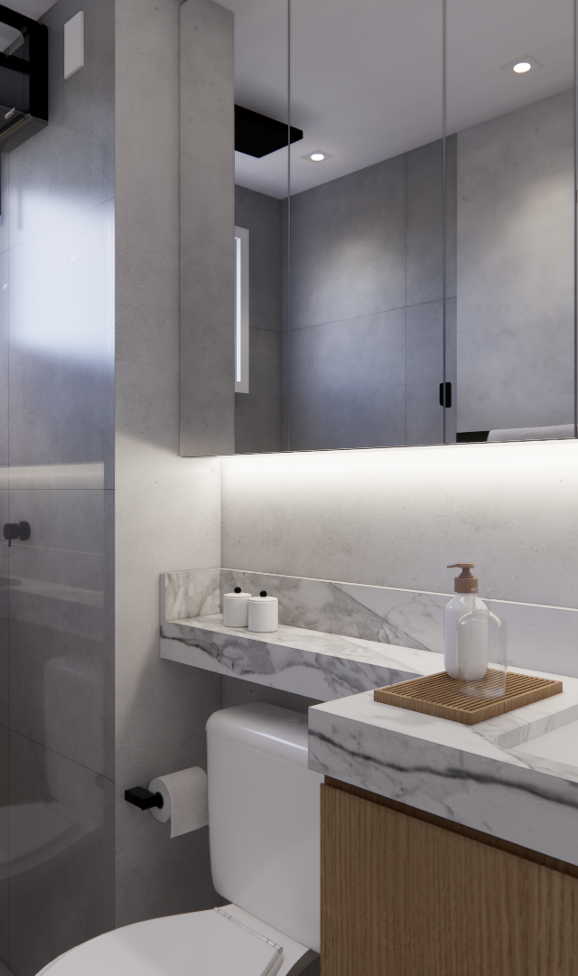 Banheiro moderno com revestimento cinza, bancada em mármore, gabinete de madeira, metais pretos e iluminação indireta