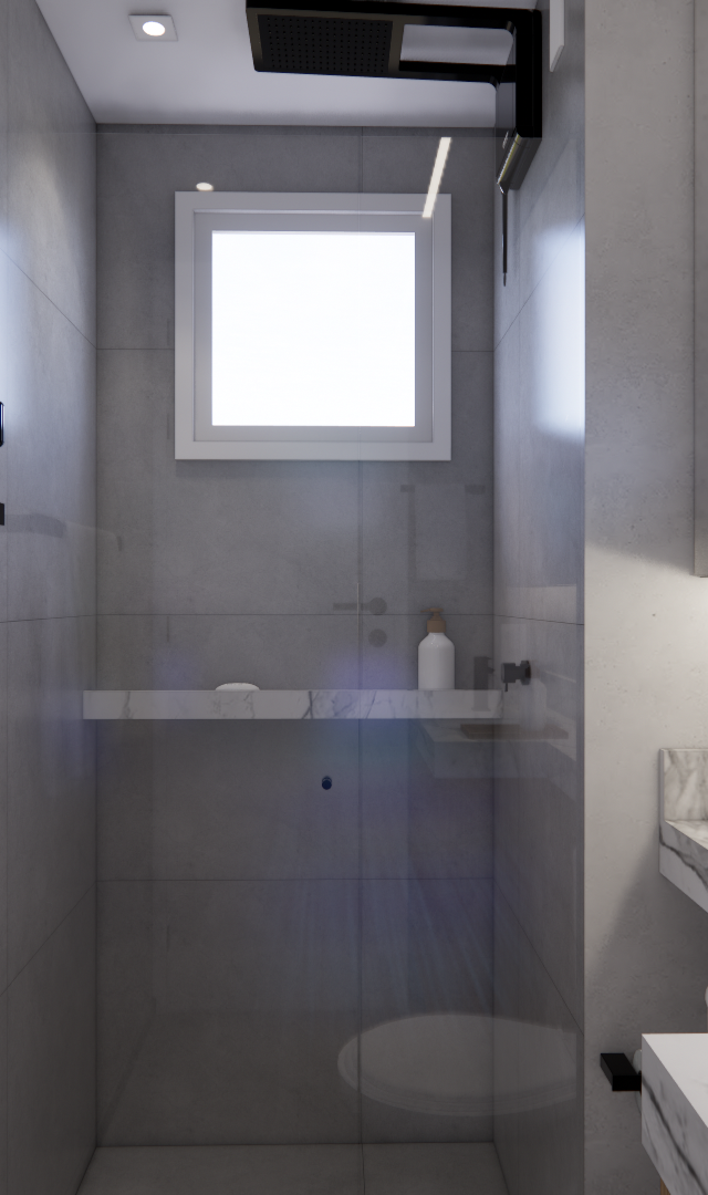 Render 3D de banheiro moderno no Vivaz Prime Ipiranga com revestimento cinza, bancada em mármore, metais pretos e luz LED