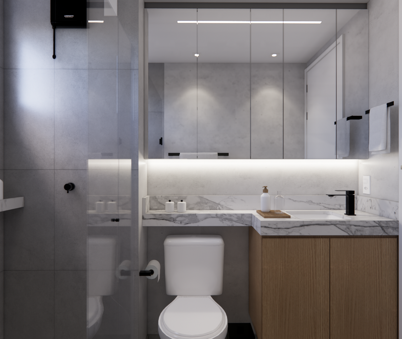 Render 3D de banheiro moderno no Vivaz Prime, tons cinza, bancada em mármore, gabinete amadeirado e iluminação em LED