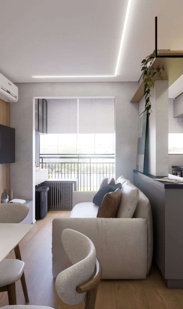 Render 3D de sala e cozinha integradas com tons neutros, madeira, luminária esférica e varanda no Vivaz Prime Ipiranga