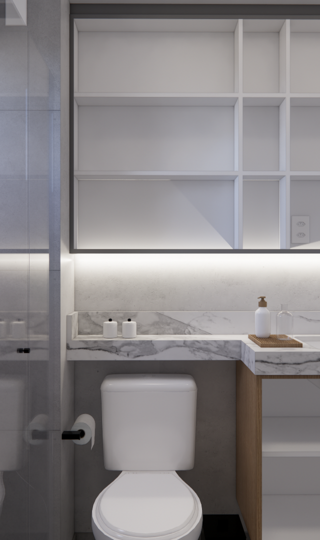 Render 3D de banheiro moderno no Vivaz Prime Ipiranga com marcenaria branca, bancada em mármore, metais pretos e iluminação