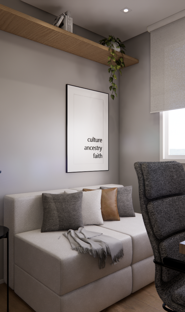 Render 3D de home office em tons neutros, marcenaria em madeira clara, sofá cinza, poltrona e decoração minimalista