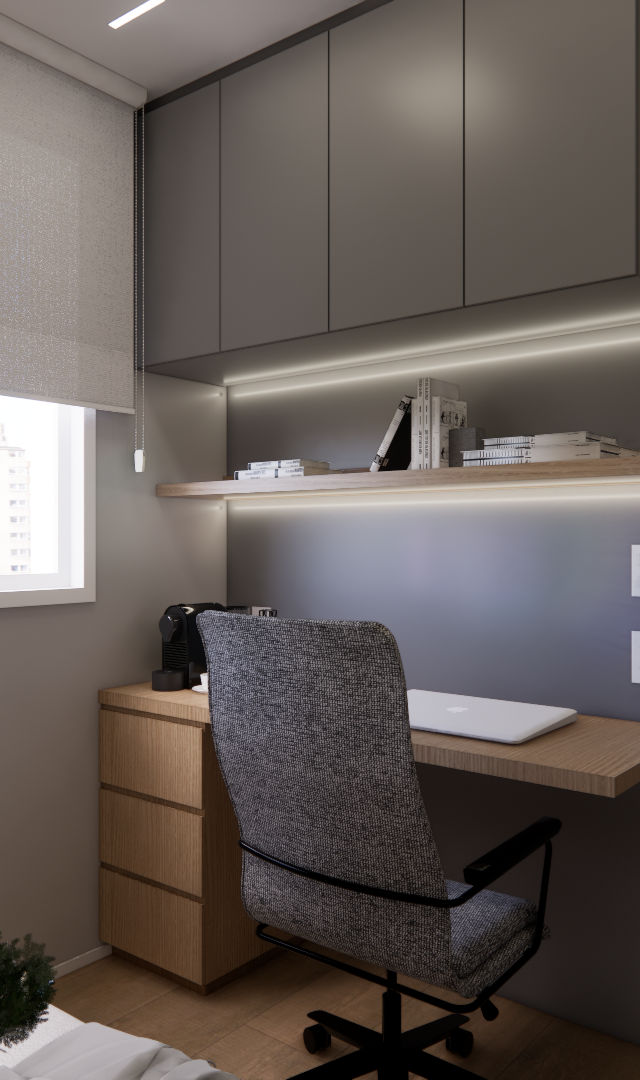 Render 3D de home office em tons de cinza e madeira com mesa, prateleira iluminada, armários suspensos e cadeira giratória
