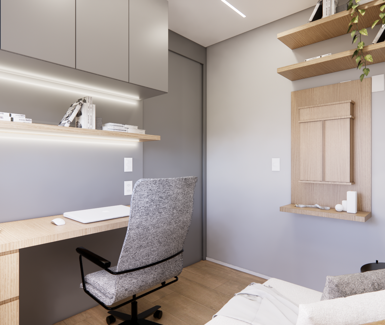 Render 3D de home office moderno em tons de cinza e madeira clara, com marcenaria planejada, iluminação indireta e sofá