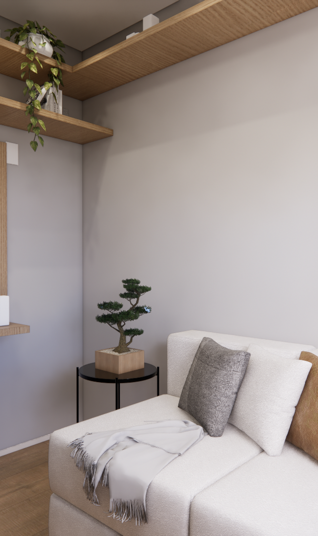 Render 3D de sala com sofá claro, almofadas neutras, marcenaria em madeira, prateleiras e quadro com texto na parede cinza