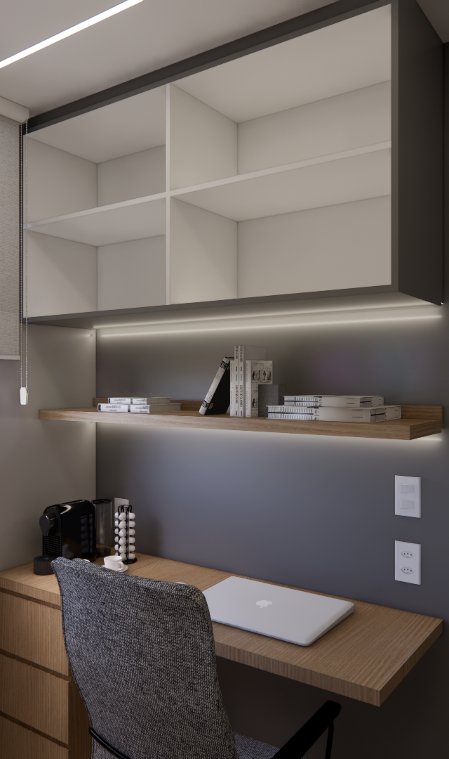 Render 3D de home office com marcenaria em tons amadeirados e cinza, prateleiras, nichos, luz indireta e cadeira cinza