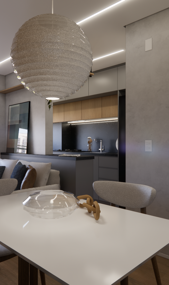 Render 3D de sala e cozinha integradas, com tons neutros, pendente esférico, mesa branca e varanda no Vivaz Prime Ipiranga