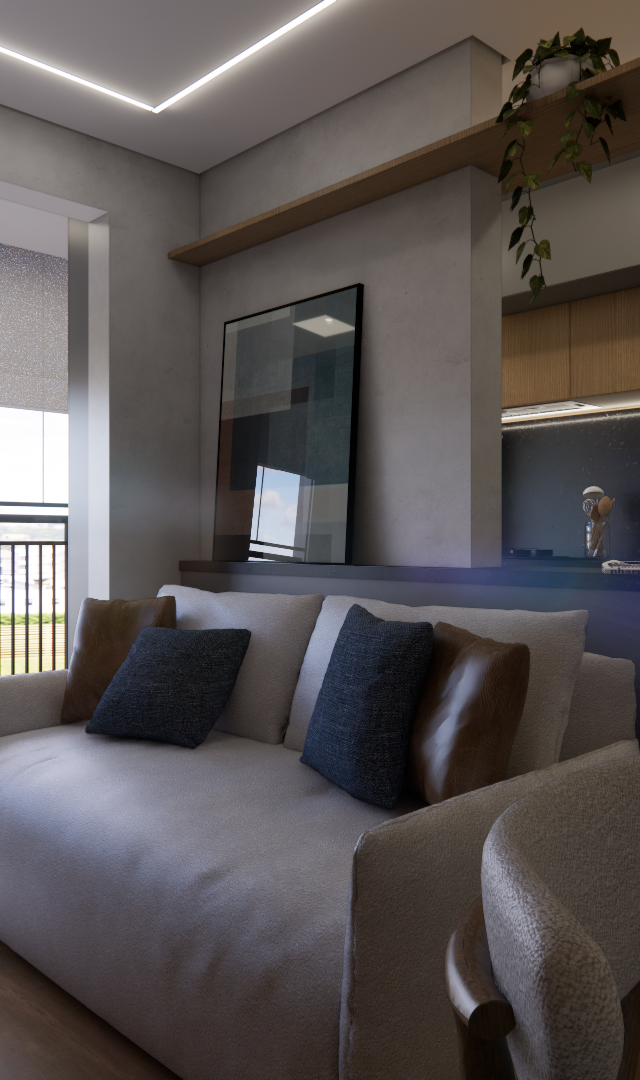 Render 3D de sala e cozinha integrada com sofá claro, marcenaria em tons cinza e madeira, e iluminação linear no teto