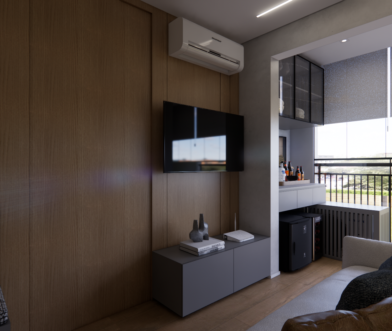 Render 3D da sala do Vivaz Prime Ipiranga com painel de madeira, rack cinza, TV, sofá e varanda integrada com bar e adega