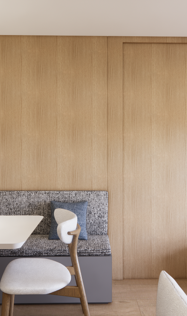 Render 3D de sala de jantar e estar com painel ripado de madeira, banco estofado em cinza, mesa branca e iluminação suave