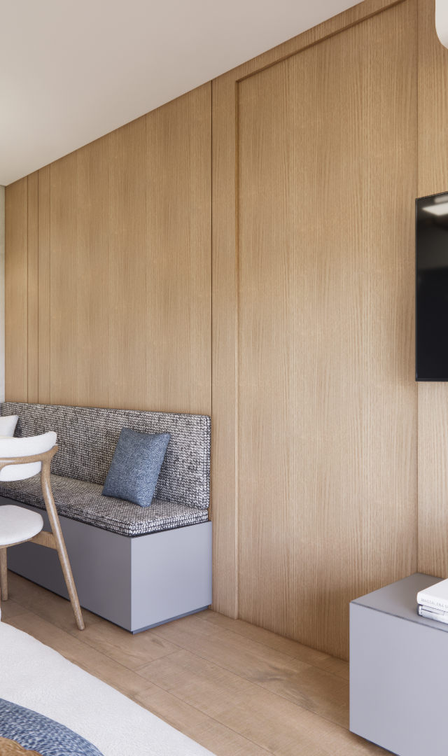 Render 3D de sala e jantar integrados, marcenaria em madeira, sofá, banco estofado, TV e iluminação quente no Ipiranga