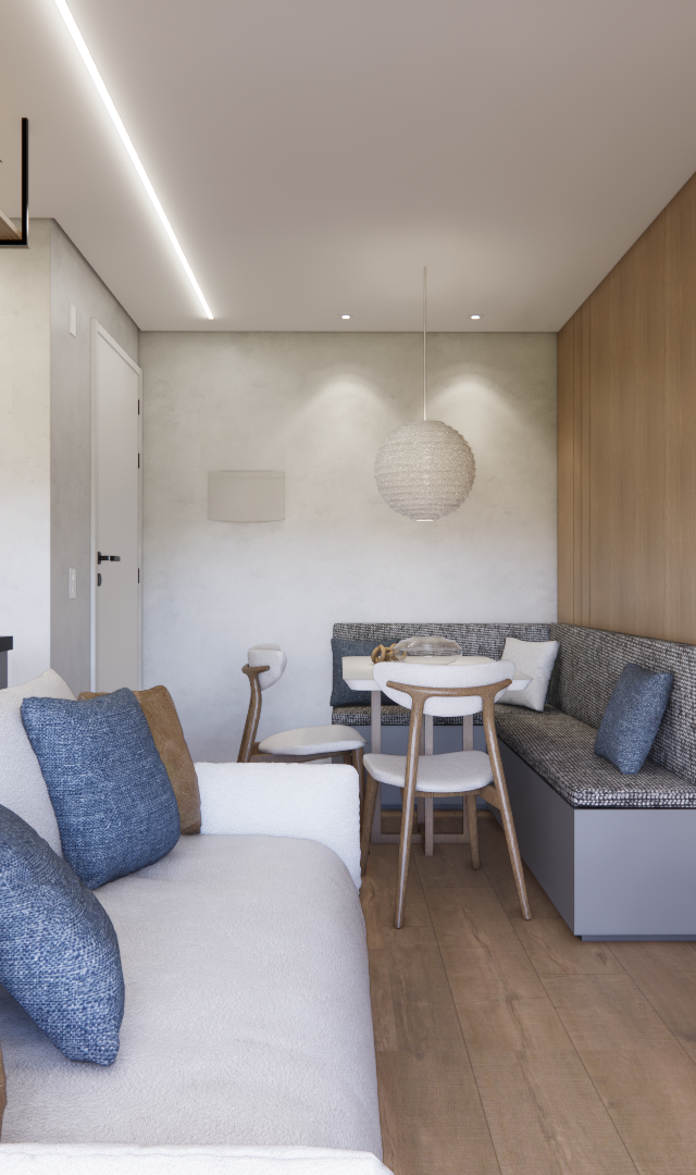 Render 3D de sala integrada ao jantar com sofá claro, painel amadeirado, canto alemão cinza e iluminação linear moderna