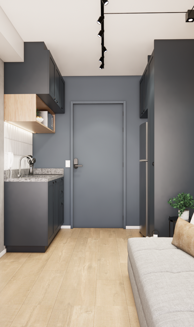 Render 3D de sala e cozinha integradas, marcenaria cinza, detalhes em madeira clara, piso amadeirado e iluminação em trilho