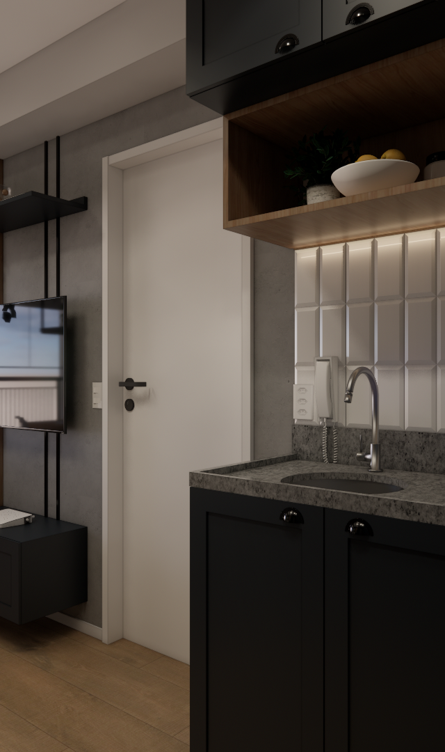 Render 3D de sala e cozinha integradas, marcenaria preta, bancada em pedra, revestimento branco e piso amadeirado