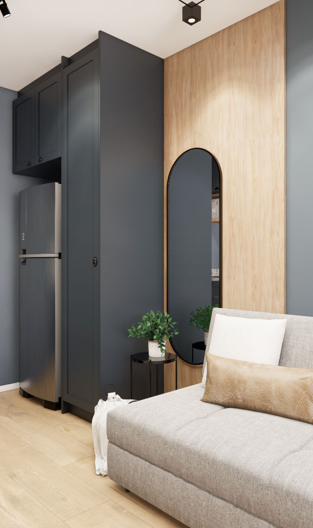 Render 3D do KD Now Butantã: sala e cozinha cinza com marcenaria em tons de madeira, espelho oval e sofá bege