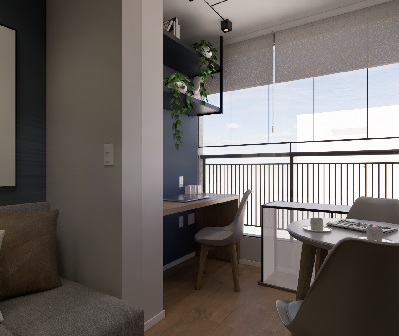 Render 3D de varanda integrada com home office e mesa redonda, tons de azul, madeira e plantas, luz natural abundante