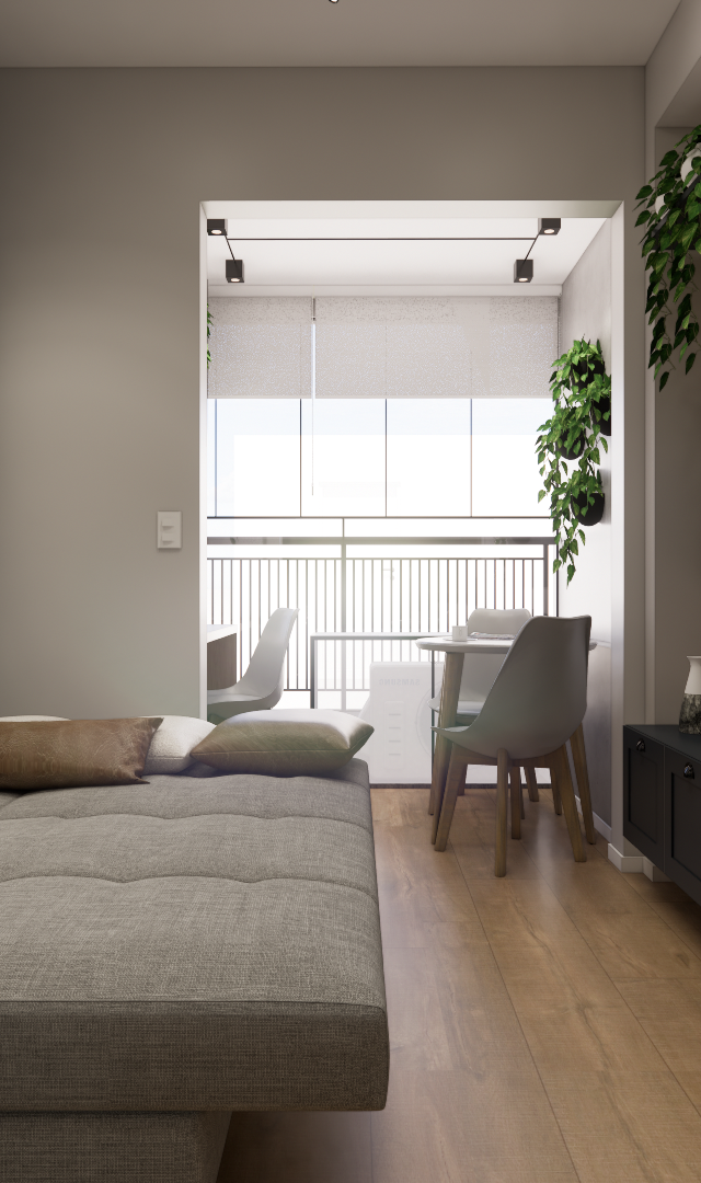 Render 3D de sala do KD Now Butantã com sofá cinza, móvel preto, parede azul, madeira clara e varanda iluminada