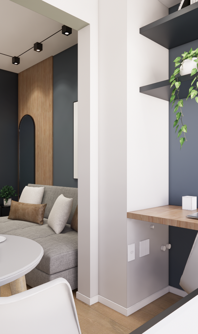 Render 3D de sala e escritório integrados no KD Now Butantã, com tons de cinza, madeira, iluminação em trilhos e plantas