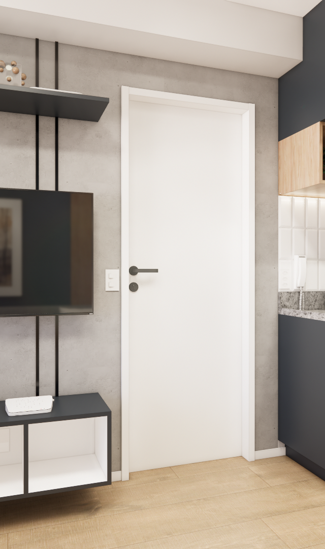 Render 3D do KD · Now Butantã com sala e cozinha integrada, marcenaria cinza e madeira, parede de cimento queimado e luz led