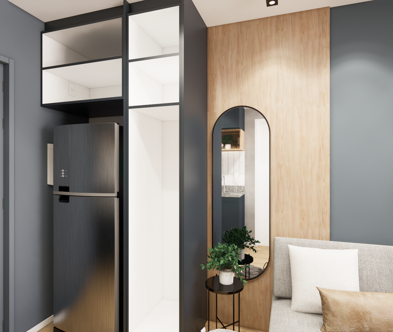 Render 3D: armário em marcenaria preta e madeira, geladeira, espelho oval e sofá cinza em sala do KD Now Butantã