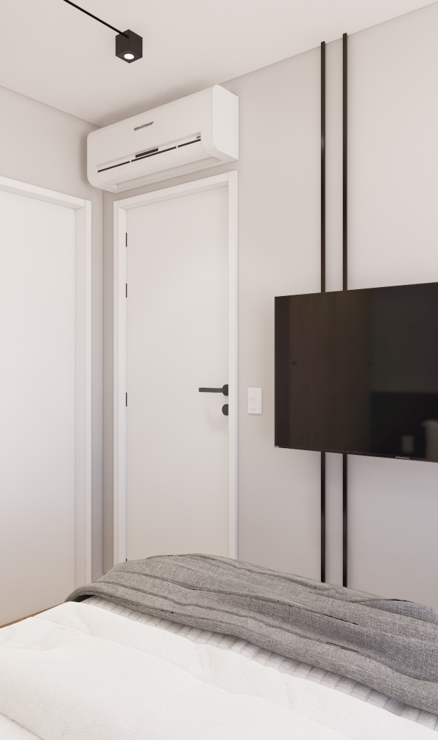 Render 3D de quarto no KD Butantã com marcenaria em madeira, paredes claras, TV em suporte metálico e portas brancas