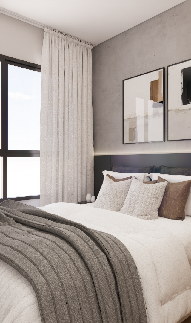 Render 3D de quarto no KD · Now Butantã com parede de cimento queimado, cama, cabeceira preta, cortinas e tons neutros