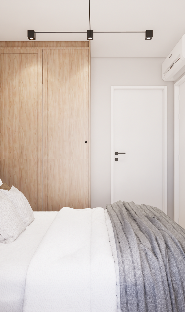 Render 3D de quarto no KD Now Butantã com parede em concreto, armário em madeira, cama com enxoval neutro e TV suspensa