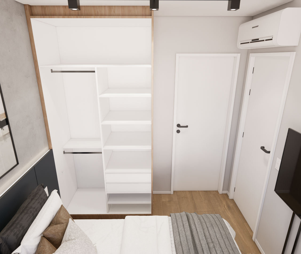 Render 3D de quarto no KD Now Butantã com armário aberto, marcenaria em madeira e branco, paredes cinza e piso amadeirado