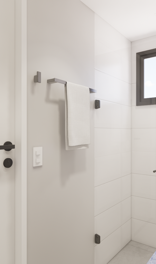 Render 3D de banheiro KD · Now Butantã com paredes brancas, box de vidro, metais pretos e planta pendente na iluminação