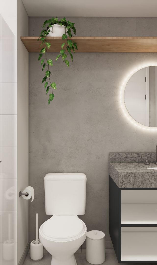Render 3D de banheiro moderno no KD Butantã com parede de cimento queimado, prateleira de madeira, espelho circular iluminado