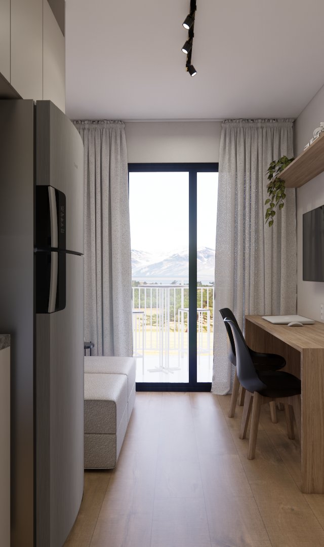 Render 3D de apartamento compacto com cozinha e home office, tons neutros, marcenaria em madeira e iluminação natural