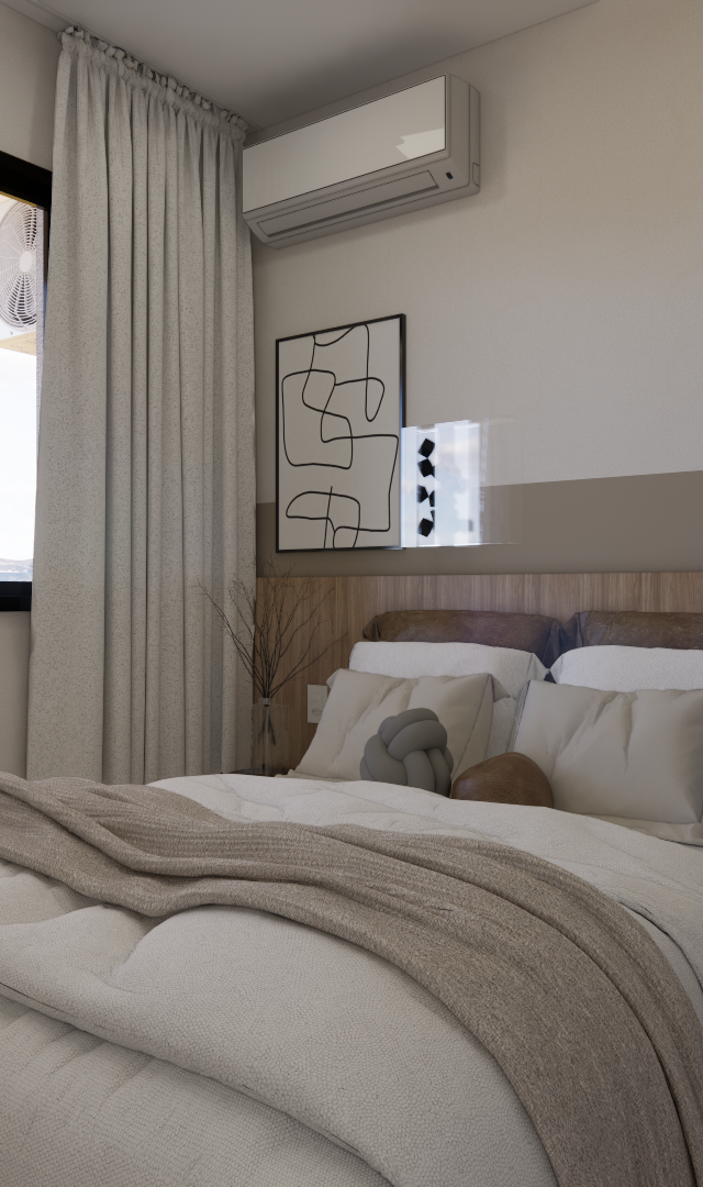 Render 3D de quarto LC Essencial Faria Lima com tons neutros, cabeceira amadeirada, cama casal, cortinas e luz natural