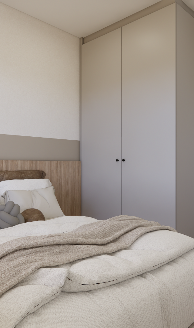 Render 3D de quarto minimalista em tons neutros, cabeceira amadeirada, armário cinza, cama com enxoval bege e iluminação clara