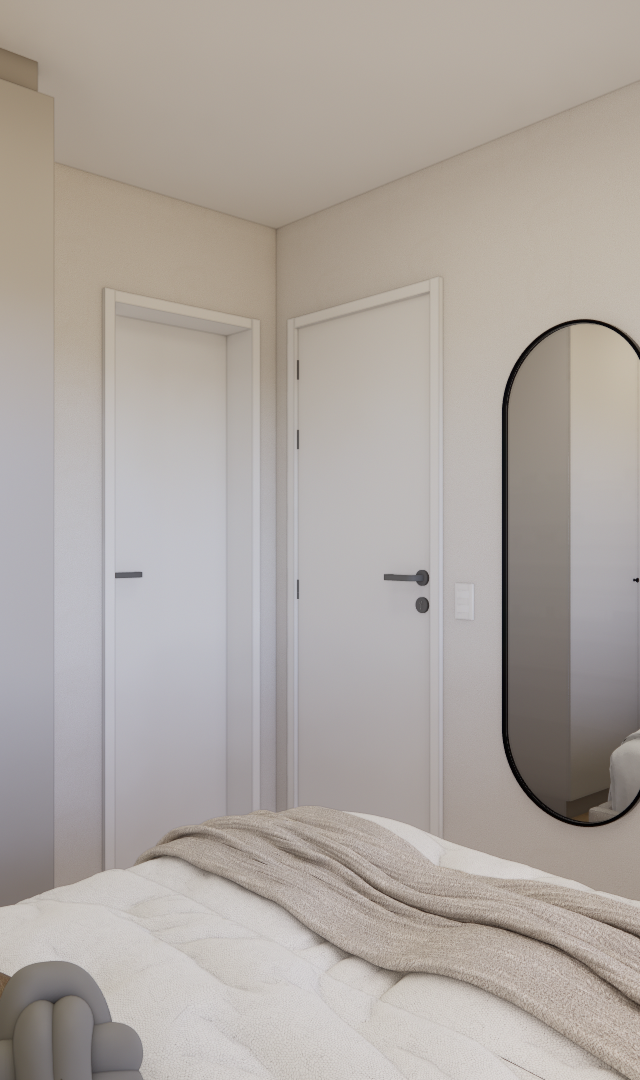 Render 3D de quarto LC - Essencial Faria Lima com tons neutros, armário branco, espelho oval e cama com enxoval bege