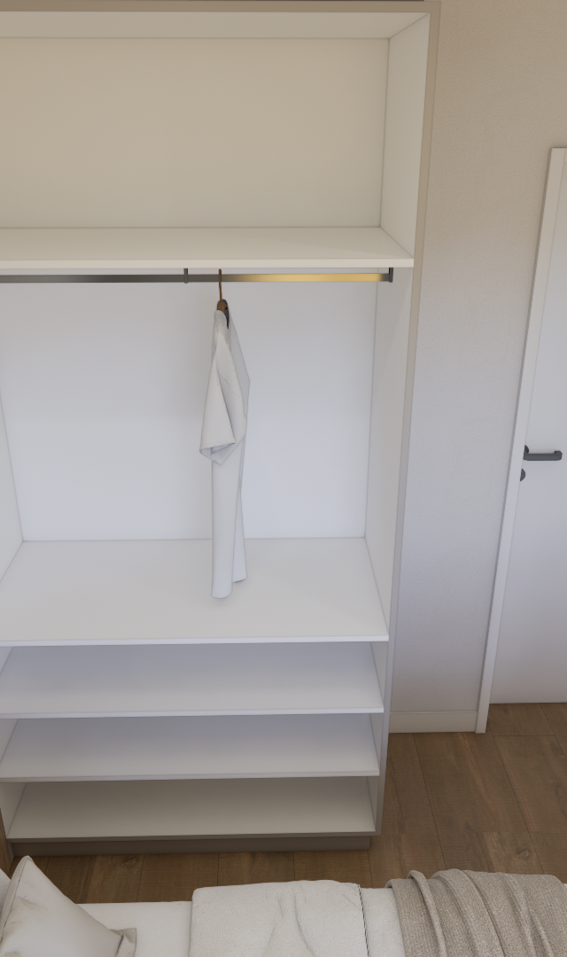 Render 3D de quarto LC - ESSENCIAL FARIA LIMA com guarda-roupa aberto branco, tons neutros, cabeceira amadeirada e piso madeira
