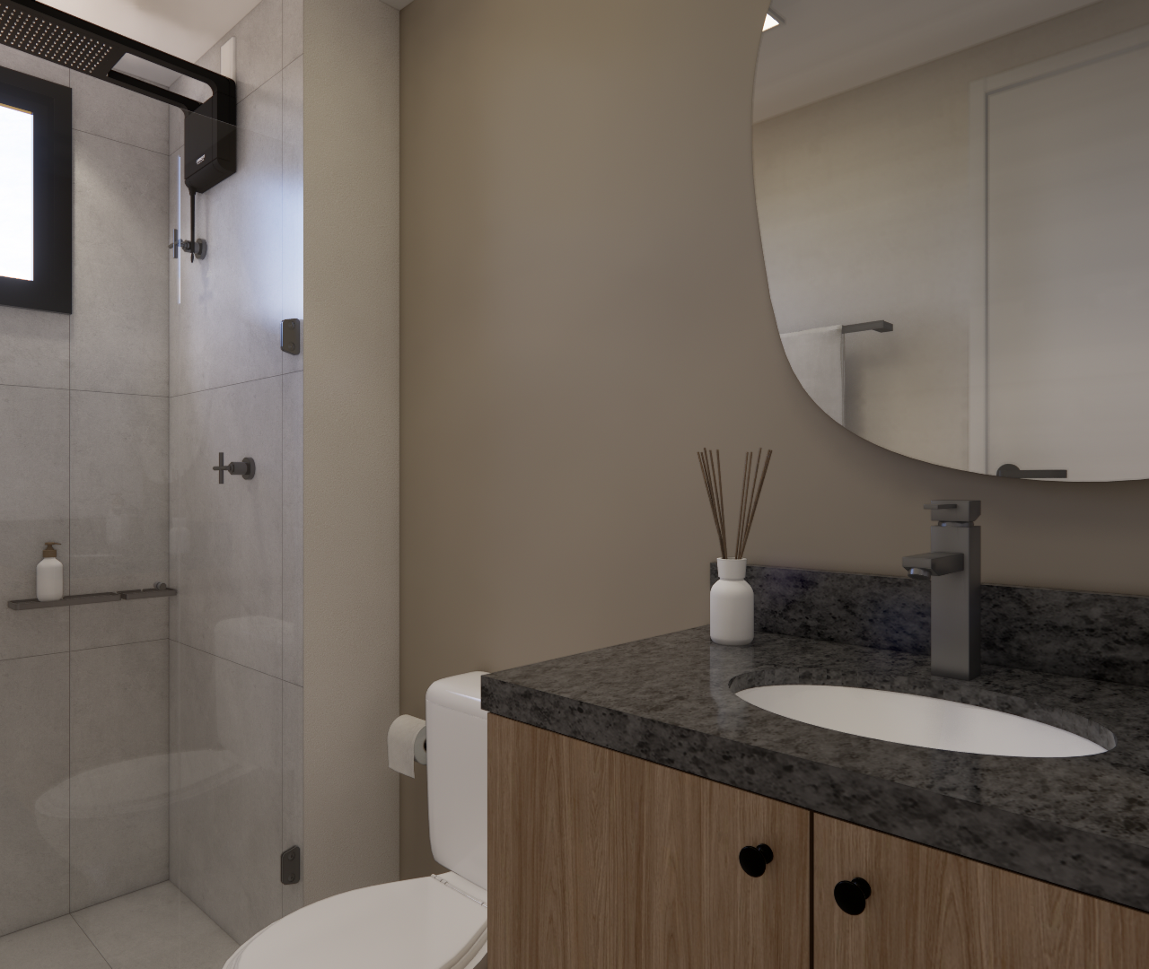 Render 3D de banheiro no LC Essencial Faria Lima com tons cinza, bancada em pedra escura, marcenaria amadeirada e metais pretos