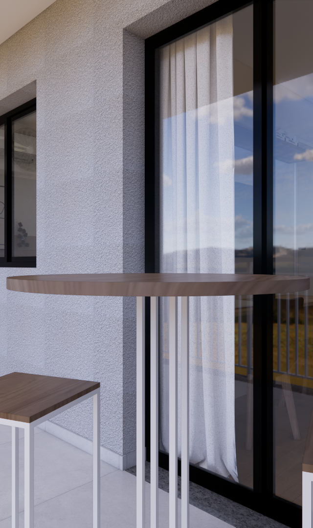 Render 3D de varanda no LC - ESSENCIAL FARIA LIMA com mesa e banquetas de madeira, paredes cinzas e iluminação natural