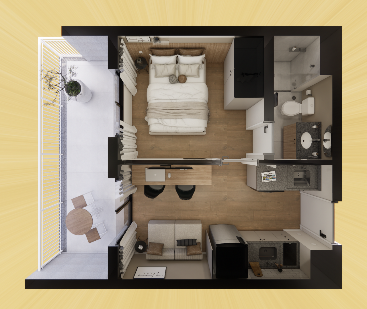 Planta 3D zenital de apartamento studio em Pinheiros com varanda, quarto, sala, cozinha integrada, banheiro e piso amadeirado