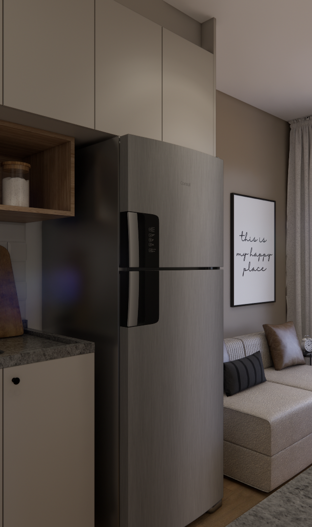 Render 3D de cozinha compacta integrada com sala e varanda em tons neutros, armários bege, bancada cinza e mesa de madeira
