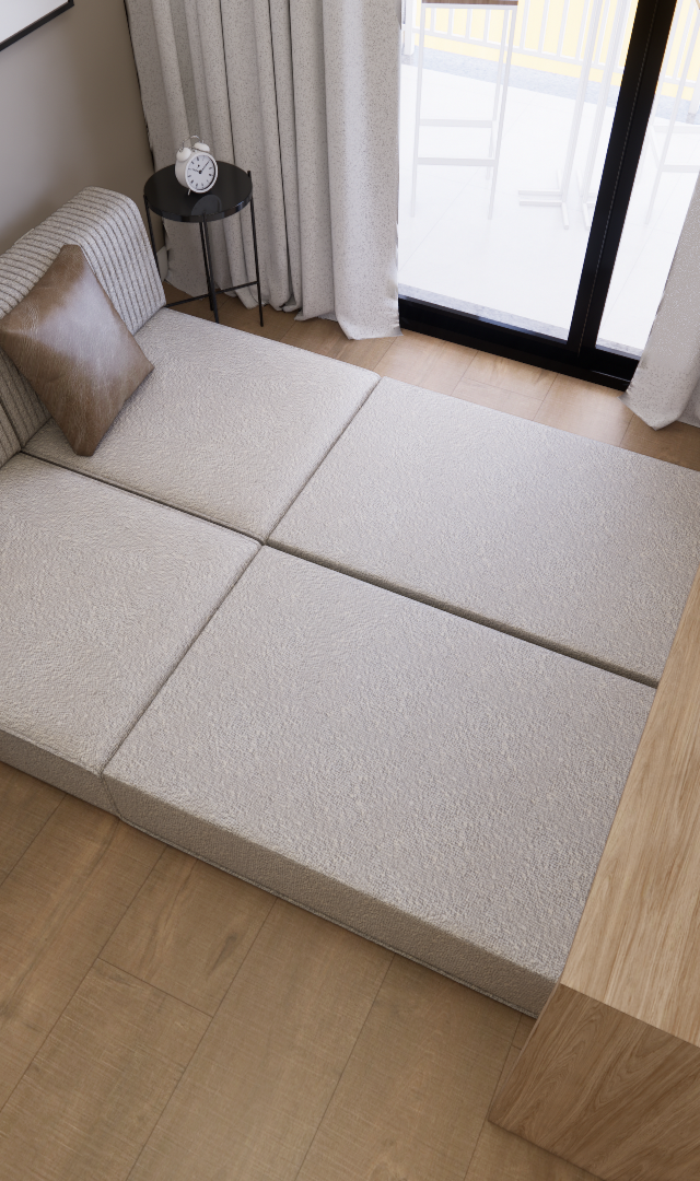 Render 3D de quarto compacto no LC Essencial Faria Lima com sofá-cama cinza, mesa de madeira, tons neutros e iluminação