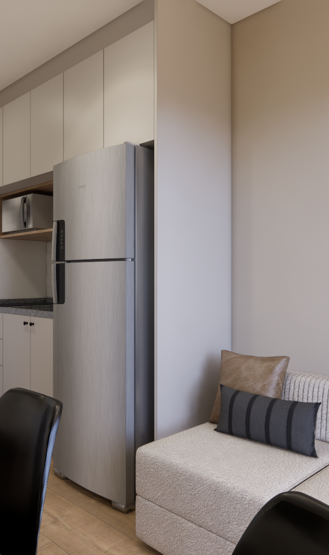 Render 3D de cozinha compacta e sala com tons neutros, marcenaria clara, geladeira inox, sofá cinza e quadro na parede