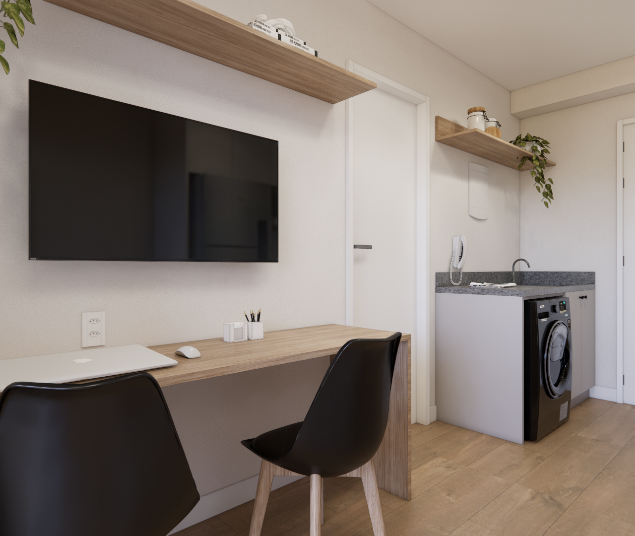 Render 3D de estúdio com bancada de madeira, cadeiras pretas, TV, prateleiras e lavanderia compacta em tons claros