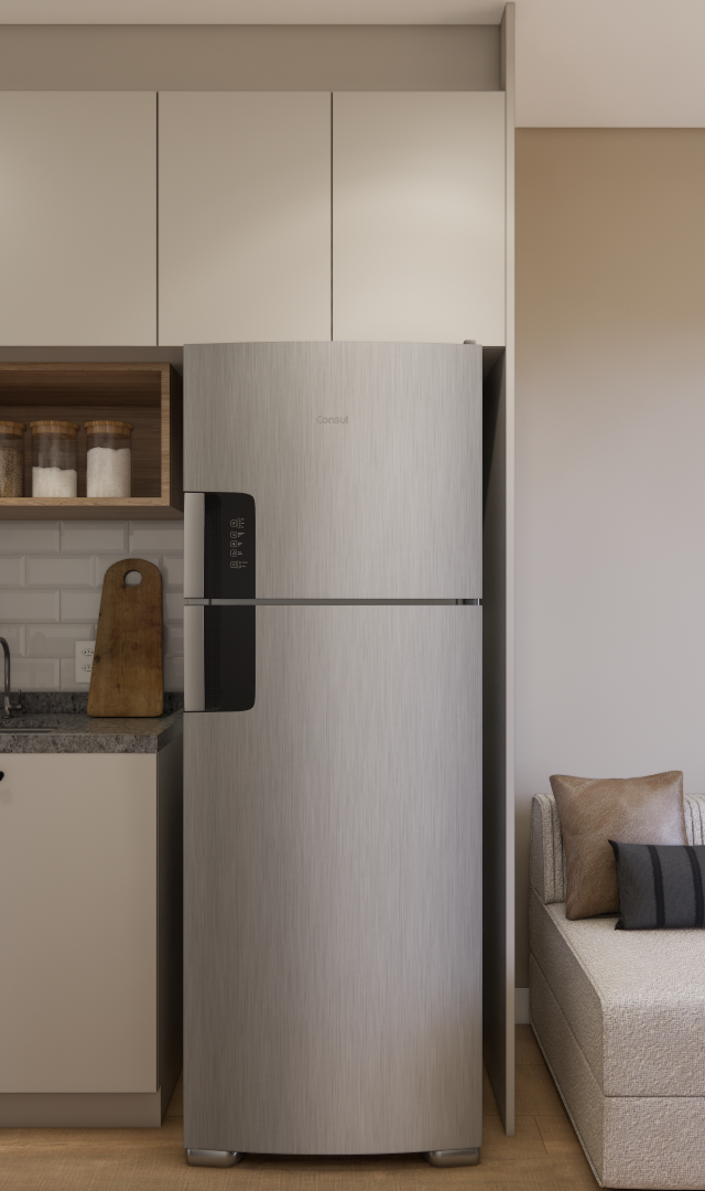 Render 3D de cozinha compacta e estar em tons neutros com marcenaria bege, geladeira em inox e sofá bege em Pinheiros