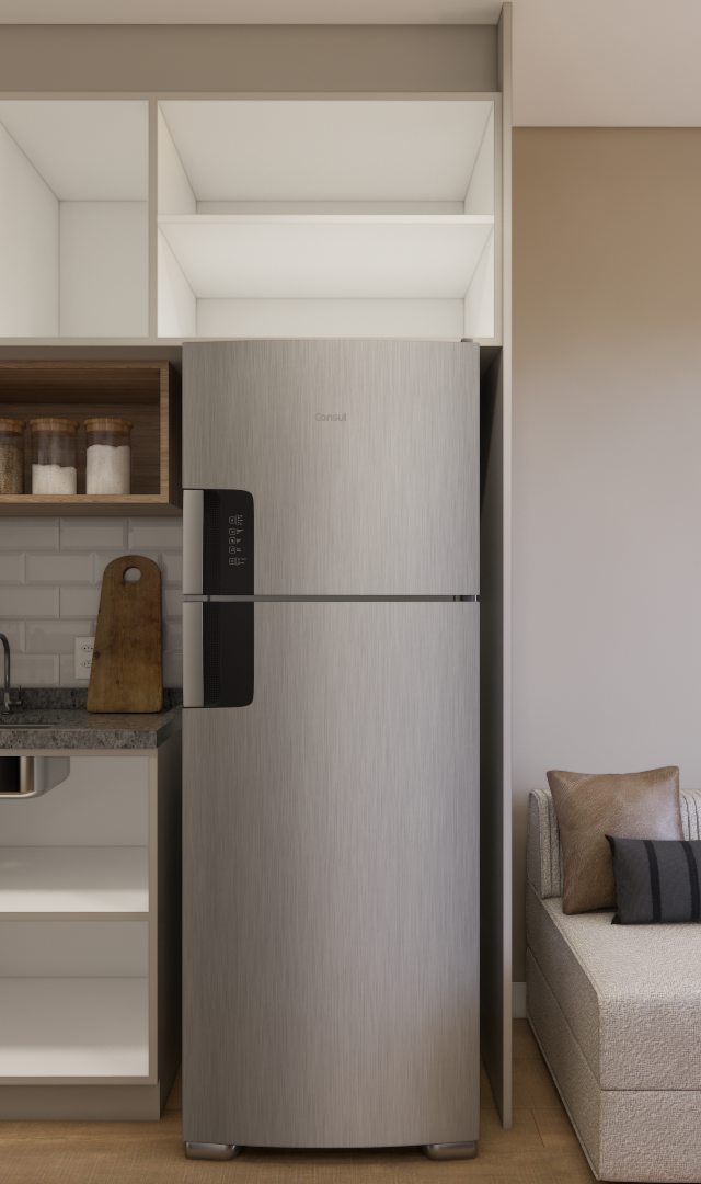 Render 3D de cozinha compacta e sala em tons neutros, marcenaria clara, geladeira inox e sofá com almofadas no LC Essencial