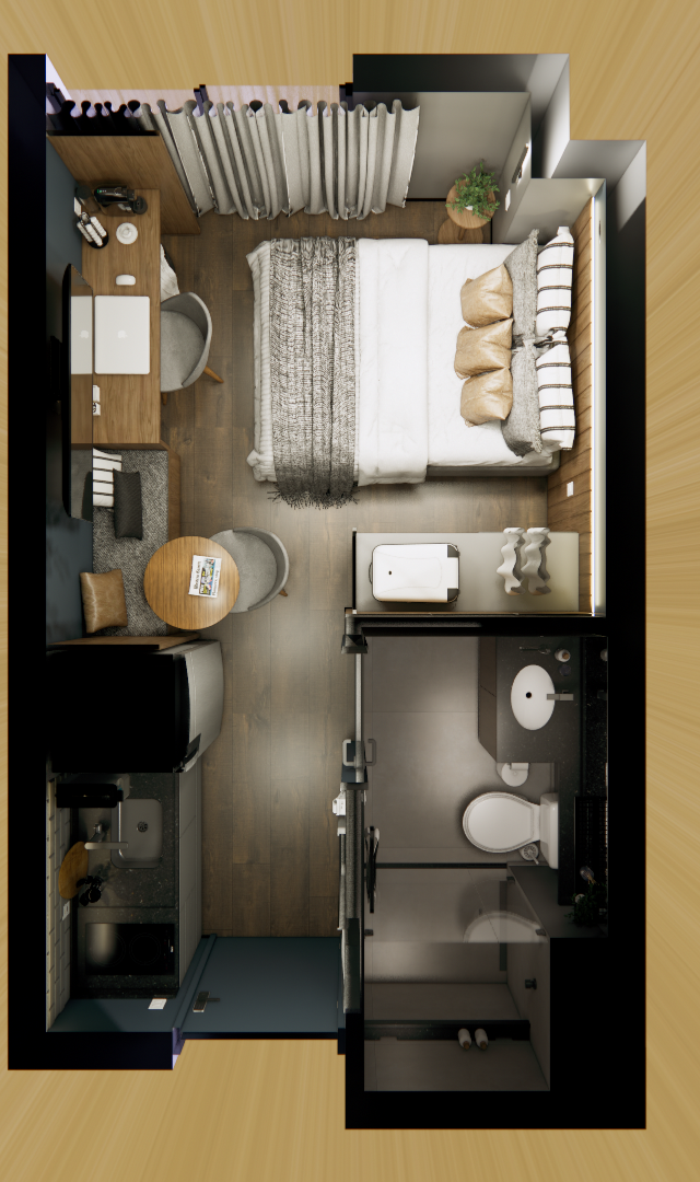 Planta 3D de apartamento com cama, cozinha linear, mesa de refeições e banheiro, organizada ao longo da circulação central.