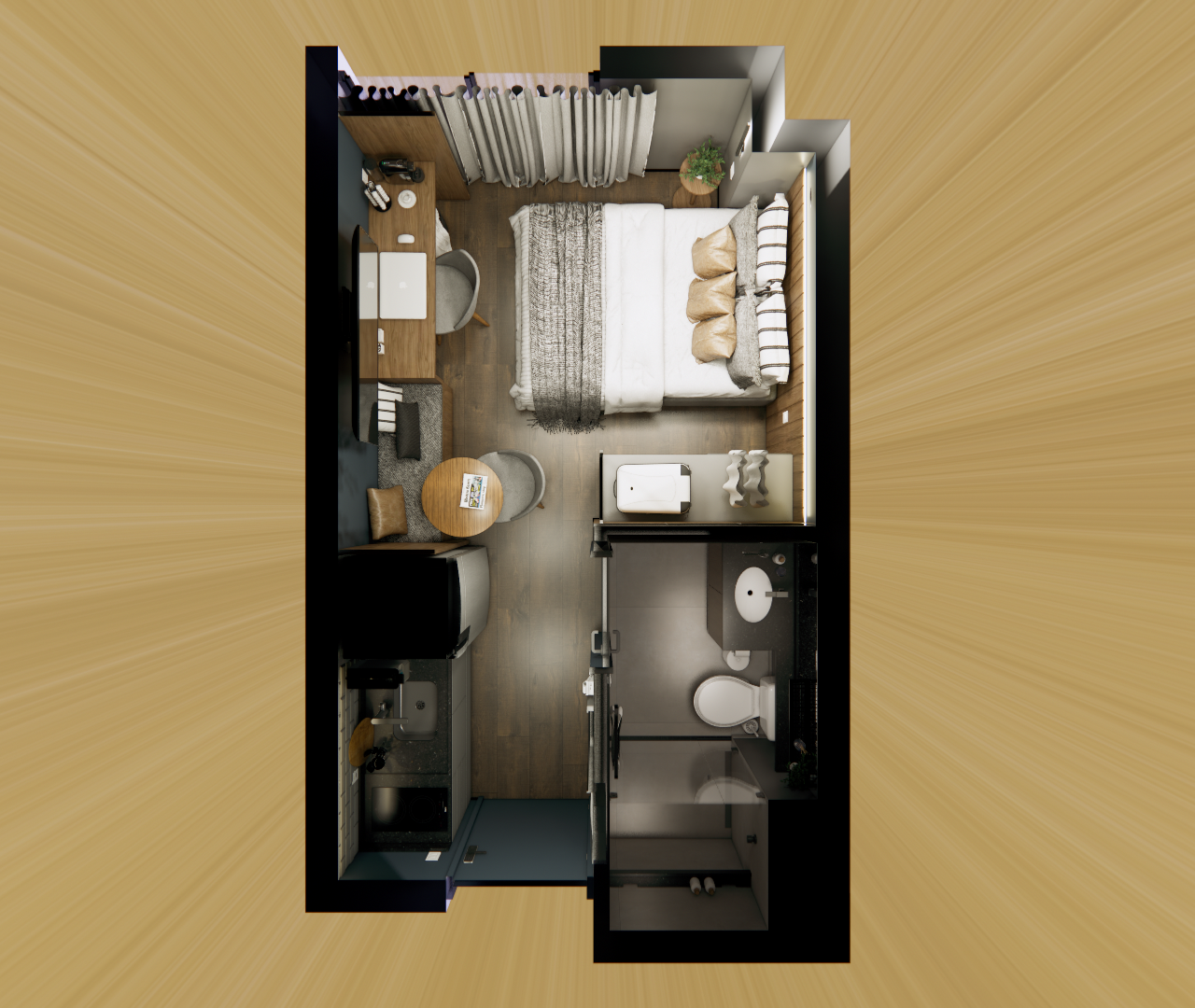 Planta 3D de apartamento com cama, cozinha linear, mesa de refeições e banheiro, organizada ao longo da circulação central.