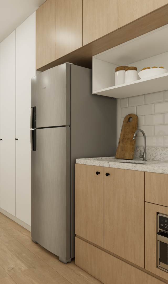 Render 3D de estúdio compacto em tons de madeira e branco com cozinha, marcenaria planejada, geladeira inox e quarto ao fundo